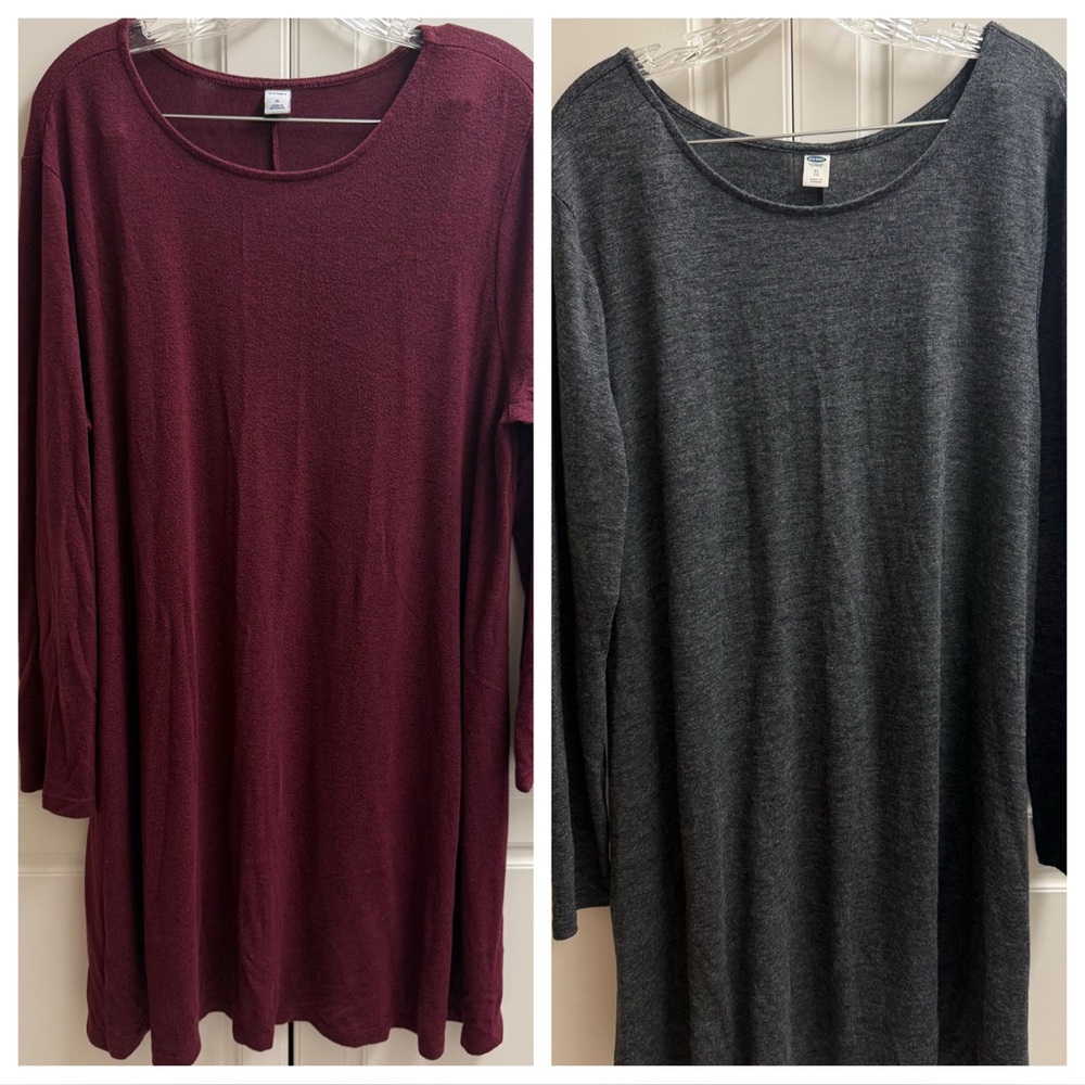 Old Navy Long Sleeve Swing Dress Bundle XL Burgundy & Gray Soft Knit